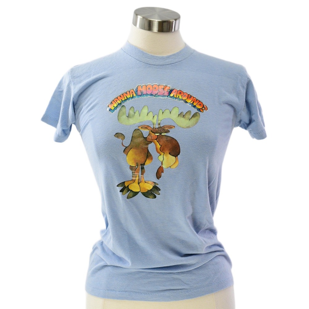 80s Vintage Wanna Moose Around Tee Womens XS S Sky Blue Funny Graphic T Shirt